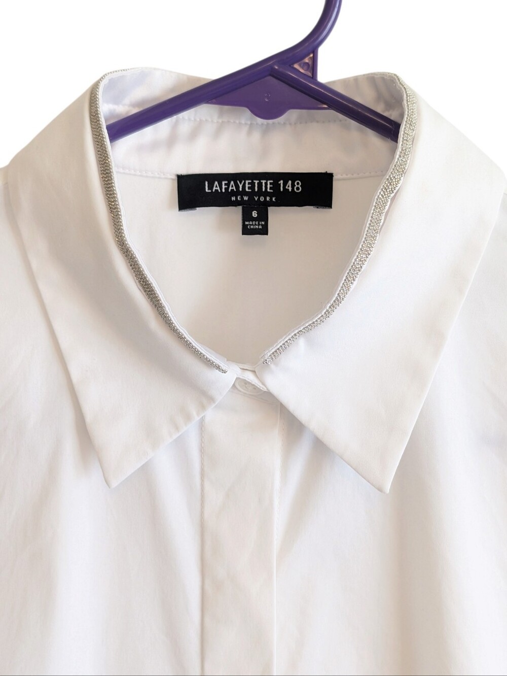 Lafayette 148 White Button Down Shirt Silver Collar Trim Size 6
